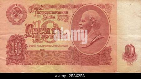 UdSSR-Schein von 10 Rubel, Ausgabe von 1961. Bild von Wladimir Lenin. Nicht in Umlauf befindliche Banknote: Russland - Dezember 2020 Stockfoto