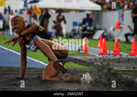 San Salvador, El Salvador. 05. Juli 2023. Yulimar Rojas aus Venezuela führt während der Spiele in Lateinamerika und in den karibikanischen Ländern in San Salvador einen Dreifachsprung durch. Kredit: SOPA Images Limited/Alamy Live News Stockfoto