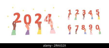 Gruppe verschiedener weiblicher Hände mit roten festlichen 2024-Nummern für die Silvesterfeier. Verschiedene multiethnische Menschen sind zusammen. Vektor von Hand gezeichnet Stock Vektor