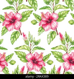 Muster von hibiskusroten Blumen auf weißem Hintergrund. Nahtlose Blumenmuster, handgezeichnet mit Aquarellelementen für die Gestaltung von Textilien, Stoffen, Stockfoto