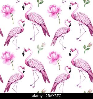 Flamingo-Muster. Wasserfarbenes tropisches Muster von Flamingos auf weißem Hintergrund. Muster für das Design von Verpackungen, Karten, Einladungen, Fabr Stockfoto