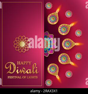 Glückliche Diwali-Vektordarstellung. Festliche Diwali- und Deepawali-Karte. Das indische Festival der Lichter auf farbigem Hintergrund Stock Vektor