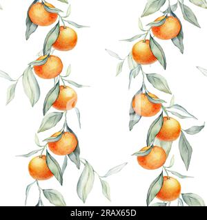 Nahtlose, wässrige Zitrusfrüchte und Blätter. Grüne Blätter und Orangenfrüchte auf weißem Hintergrund. Nahtlose Aquarelle von Mandarinen und Orangen Stockfoto