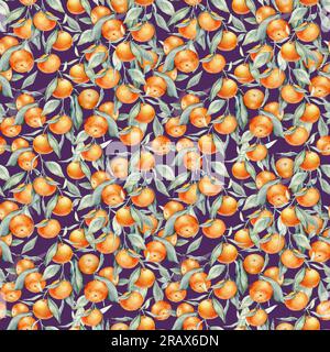 Nahtlose, wässrige Zitrusfrüchte und Blätter. Grüne Blätter und Orangenfrüchte auf weißem Hintergrund. Nahtlose Aquarelle von Mandarinen und Orangen Stockfoto
