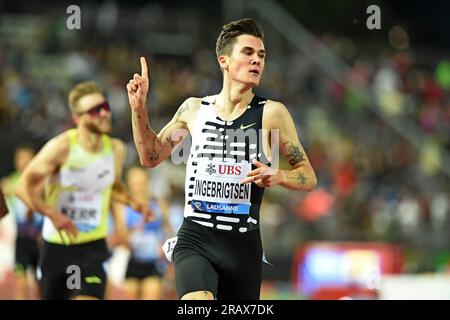 Jakob Ingebrigtsen (NOR) gewinnt in 3:28,72 bei Athletiissima am Freitag, 30. Juni 2023 in Lausanne die 1.500 m. Schweiz. (Jiro Mochizuki/Bild des Sports) Stockfoto