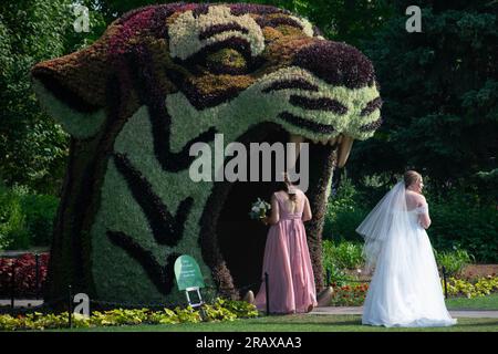 Calgary, Alberta, Kanada. 5. Juli 2023. Eine Braut spaziert im Calgary Zoo, Kanada. (Kreditbild: © Matias Basualdo/ZUMA Press Wire) NUR REDAKTIONELLE VERWENDUNG! Nicht für den kommerziellen GEBRAUCH! Stockfoto