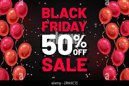 Black friday-Banner-Angebot mit rotem Ballon-Flachset. Rabattschild mit schwarzem Hintergrund Werbeplakat Coupon Minimalismus Werbeaktion Weihnachtspreis Sonderkonzept Gutschein für die Eröffnung des Ladens Stock Vektor