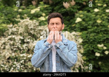 Mann mit saisonaler Pollenallergie am Frühlingstag Stockfoto