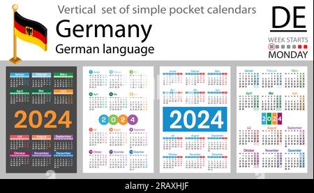 Vertikaler deutscher Taschenkalender für 2024 (2.254). Die Woche beginnt am Montag. Neues Jahr. Einfaches Design in Farbe. Vektor Stock Vektor