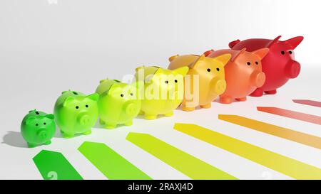 Eine Reihe von Sparschweinen von Rot bis Grün mit einer Energieeffizienztabelle Stockfoto