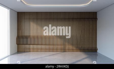 Moderner leerer Raum mit vertikalen Holzlatten. Rendern der 3D-Darstellung Stockfoto