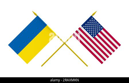 Flaggen der USA und der Ukraine, 3D Rendern, isoliert auf Weiß Stockfoto