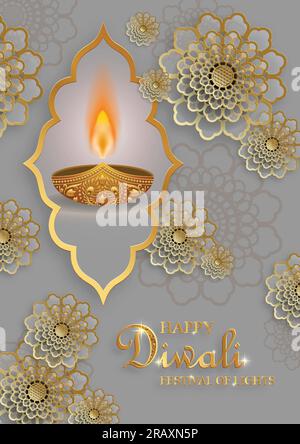 Glückliche Diwali-Vektordarstellung. Festliche Diwali- und Deepawali-Karte. Das indische Festival der Lichter auf farbigem Hintergrund Stock Vektor