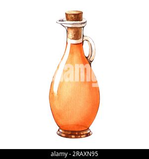 Abbildung: Olivenöl in Glasflasche. Natürliches, frisches Bio-gelbes Pflanzenöl realistisches Bild in Aquarellfarben. Glasbecher mit reinem Olivenprodukt Stockfoto