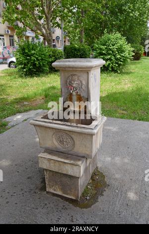 Ein prunkvoller öffentlicher Trinkbrunnen aus Stein in der Stadtstraße von Podgorica, Montenegro Stockfoto