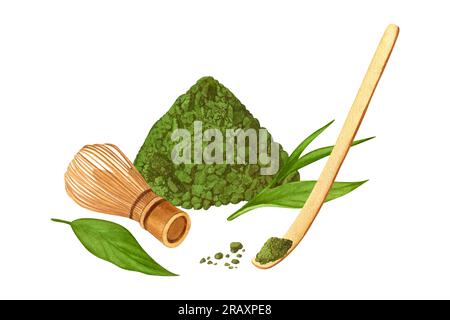 Aquarell trockener organischer grüner japanischer Matcha Latte und Essenslöffel, Schneebesen, Blätter. Handgezeichnete Zeichentrickfigur, isoliert auf weißem Hintergrund. Für Stockfoto