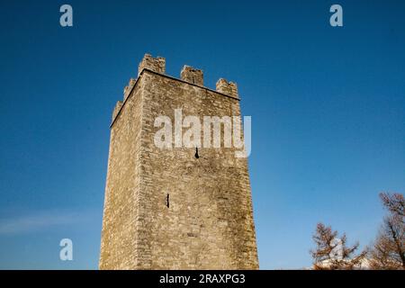 Perledo, Provinz Lecco, Region Lombardei, Ostküste des Comer Sees, Italien. Castello di Vezio. Die Burg stammt aus dem 11. Jahrhundert n. Chr. und überblickt und dominiert die Ostküste des Comer Sees. Im Gebäude befindet sich auch eine Falknerei. Der Hauptturm. Stockfoto