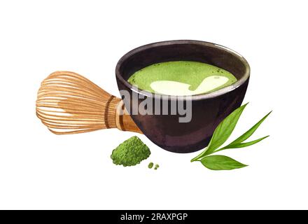 Wässriger grüner japanischer Matcha Latte aus biologischem Anbau in schwarzem Becher, Schneebesen und trockenen Blättern. Handgezeichnete Zeichentrickfigur, isoliert auf weißem Hintergrund. Tee Stockfoto