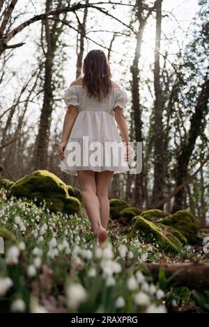 Schneeglöckchen galanthus-Frau. Sie steht in einem weißen Kleid auf einer Wiese mit Schneeglöckchen in einem Frühlingswald Stockfoto