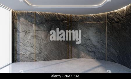 Leeres Zimmer, moderne, minimalistische Architektur mit Steinhintergrund, geschwungener Raum, Steinwand, 3D-Darstellung Stockfoto