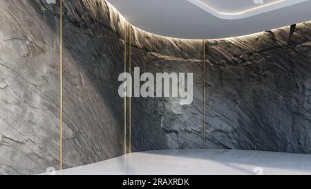Leeres Zimmer, moderne, minimalistische Architektur mit Steinhintergrund, geschwungener Raum, Steinwand, 3D-Darstellung Stockfoto
