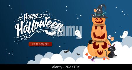 Von Hand gezeichnetes halloween-Kürbis-Banner, süßer Kürbis-Hintergrund, ideal für Werbung, Tapeten, Textilien, Karten - Vektordesign Stock Vektor