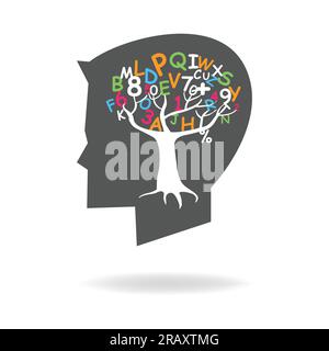 Kinder Kopf Silhouette mit Baum und bunten Alphabete und Zahlen, Konzept für Kinder Bildung und Wissen Stock Vektor