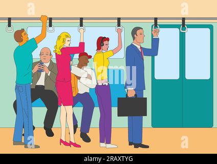 Naive Kunst oder Cartoon-Illustration von Menschen stehen und sitzen im Zug, Pendler Linie Thema Stock Vektor