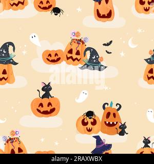 Von Hand gezeichneter halloween-Kürbis, nahtloses Muster, süßer Kürbis-Hintergrund, ideal für Banner, Tapeten, Textilien, Karten - Vektordesign Stock Vektor