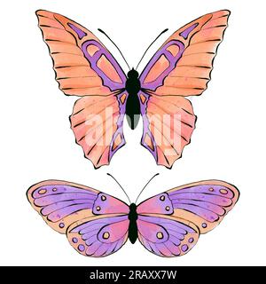 Ein Set exotischer Schmetterlinge. Wildes Insekt im Aquarellstil, isoliert. Design-Element für Hintergrund, Struktur, Grußkarte, Einladung und Tätowierung. Stockfoto