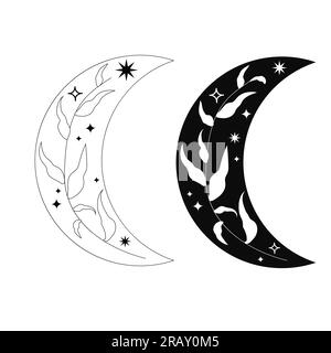 Set Mond Boho, himmlisch dekoriert mit Blättern und Funken, Sterne schwarz und weiß isoliert im Doodle-Stil. Magie, Hexen-Illustrationen, Symbole. Vektordarstellung Stock Vektor