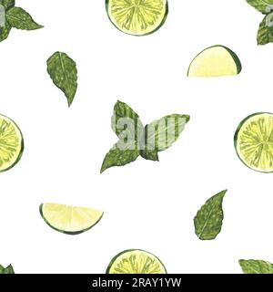 Aquarell, nahtlos gemustert, Minzblätter und Limette. Handgezeichnete Darstellung isoliert auf weißem Hintergrund. Konzept für Stoffdruck, Etikett, Banner, Menü Stockfoto