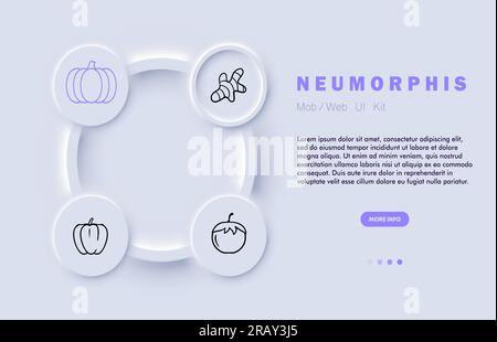 Symbol für die Zeile „Gemüse“. Ingwer, süßer Pfeffer, Tomaten, Kürbis, richtige Ernährung. Neomorphismus Steyle-Vektorliniensymbol Stock Vektor