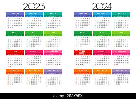 Kalender 2023 - 2024 Jahr, bearbeitbare Vorlage Wochenbeginn sonntag, farbige quadratische Monate. Vorlagendesign für Geschäftszeitplan oder Terminkalender. Vektor Stock Vektor