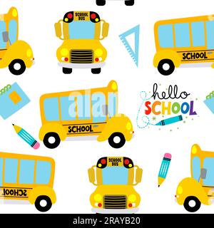 Nahtloses Muster mit Schulbus und Bürozubehör. - Gut für Textilien, Schulsets, Tapeten, Geschenkpapier, Kleidung. Zurück in die Schule. Stock Vektor
