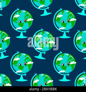 Happy Earth Day - süße Zeichentrickfigur Erde. Rette den Planeten mit niedlichen Charakteren. Nahtloses Muster für Verpackung, Stoff, Tapete, Struktur. Stock Vektor
