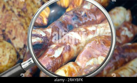 Bratwurst und anderes gegrilltes Fleisch auf dem Grill prüfen Stockfoto