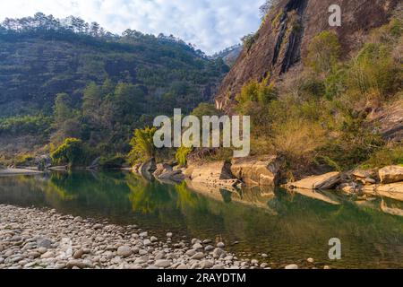 Ein Hain aus Bambusbäumen und ungewöhnlichen Felsformationen auf dem Fluss mit neun Biegungen in wuyishan china in der Provinz fujian, Kopierraum für Text, horizontal Stockfoto