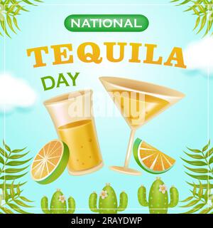National Tequila Day, 3D Vektortequla in einem Glas mit Zitronen-, Blatt- und Kaktuselementen. Geeignet für Veranstaltungen und Aktionen Stock Vektor
