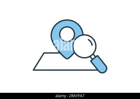 Symbol "Standort suchen". Lage mit Vergrößerungsglas. Flaches Design im Icon-Stil. Einfache Vektorkonstruktion editierbar Stock Vektor