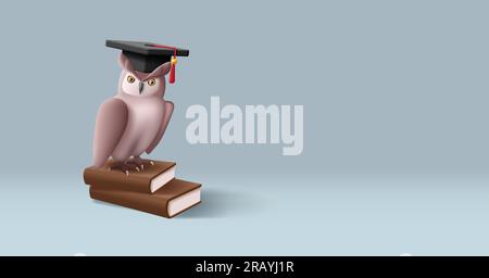 3D-Eule-Illustration mit Graduierungsmütze auf Büchern, braune Farben, Bildungskonzept Stock Vektor