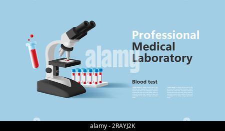 3D Darstellung des Bluttestlabors mit Blutproben in Glasbecher-Röhrchen und Mikroskop mit biologischem Material, Webbanner Stock Vektor