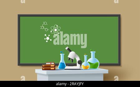 Innenraum des schulchemischen Labors mit Tisch und Platte, Mikroskop, Kolben und Röhrchen. Experimente im Chemieunterricht in der Schule. 3D Stock Vektor