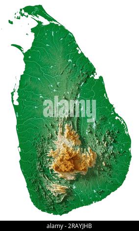 Sri Lanka. Sehr detailliertes 3D-Rendering schattierter Reliefkarten mit Flüssen und Seen. Farbig nach Höhe. Rein weißer Hintergrund. Satellitendaten. Stockfoto