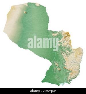 Paraguay. Sehr detailliertes 3D-Rendering schattierter Reliefkarten mit Flüssen und Seen. Farbig nach Höhe. Rein weißer Hintergrund. Satellitendaten. Stockfoto
