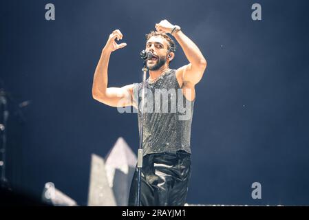 Turin, Italien. 5 Luglio 2023. Der italienische Sänger Marco Mengoni trat live auf der Bühne des Stadio Grande Torino auf. Kredit: Andrea Pinna Stockfoto