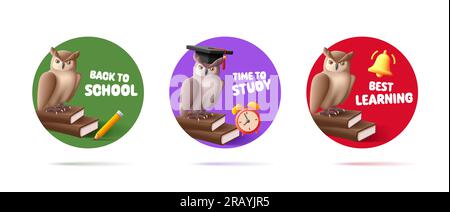 Aufkleber oder Etiketten mit Eule auf Büchern mit verschiedenen Schulgegenständen und Zitat, 3D-Illustration Stock Vektor