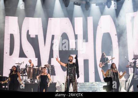 Turin, Italien. 5 Luglio 2023. Der italienische Sänger Marco Mengoni trat live auf der Bühne des Stadio Grande Torino auf. Kredit: Andrea Pinna Stockfoto