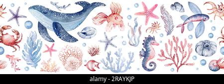 Unterwasserwelt nahtlose Grenze von Meerestieren und Pflanzen Tintenfische, Seepferdchen, Krabben, Seesterne, Quallen. Meeresbewohner der Unterwasserwelt w Stockfoto