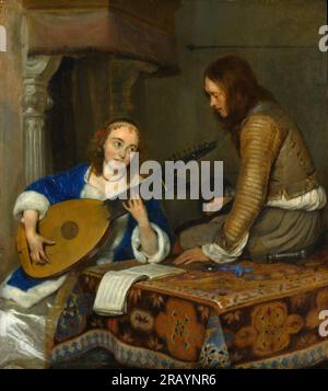 Gerard ter Borch - Eine Frau, die die Theorbo-Laute spielt und ein Kavalier - Deventer CA. 1658; Öl auf Holz; Barockmalerei Stockfoto